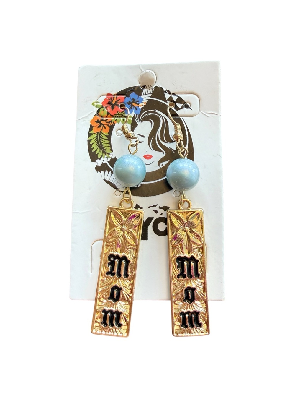 OYC Hawaii Mom Dangle Earrings Gold Tone Blue Pearl Hawaiian NWT